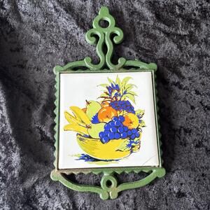 Cast Iron Ceramic Tile Trivet Japan Fruit Vintage Rustic Green 1970s Retro